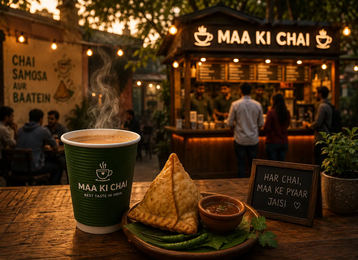 Hot coffee and chai cups at a Maa Ki Chai kiosk